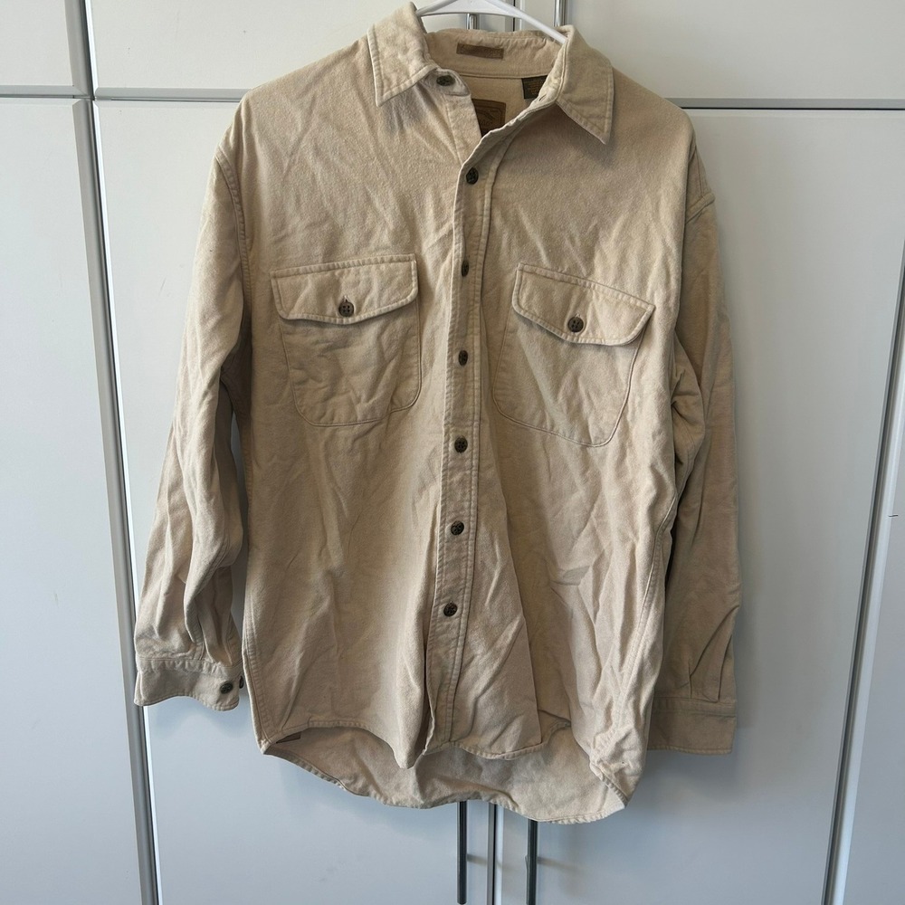 St. Johns Bay Mens Heavyweight Flannel Shirt Tan‎ Khaki Cotton Workwear Medium